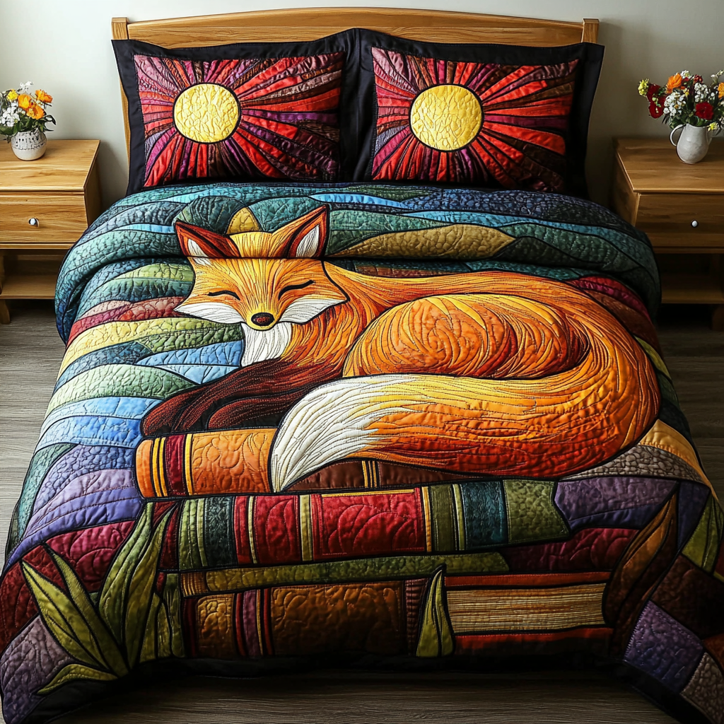 Fox in the Forest Quilted Bedding Set Bed Decor Fox Gifts For Men