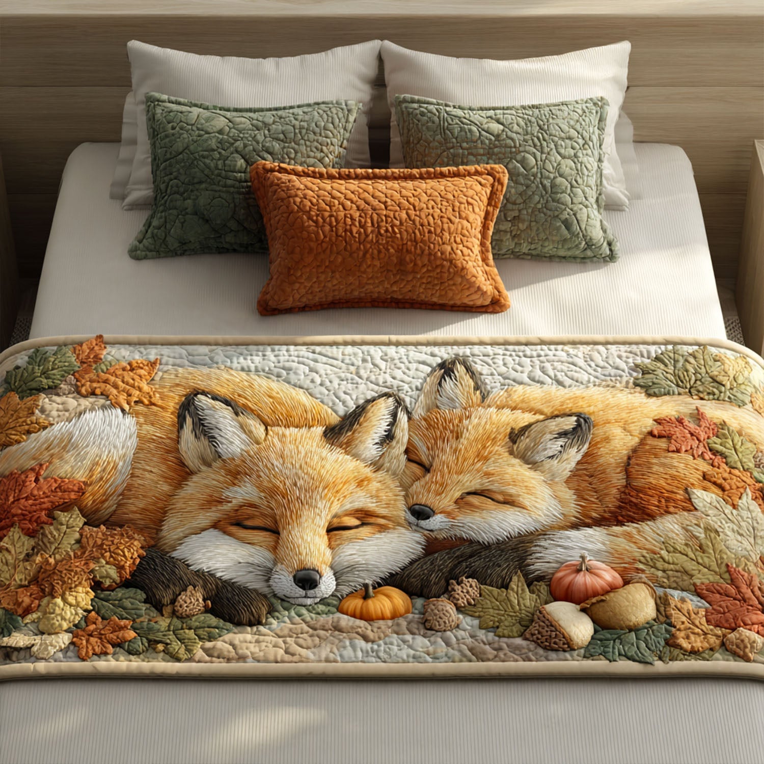 Fox in the Patch Quilted Bed Runner Cute Fall Bedroom Decor Family Gift Ideas