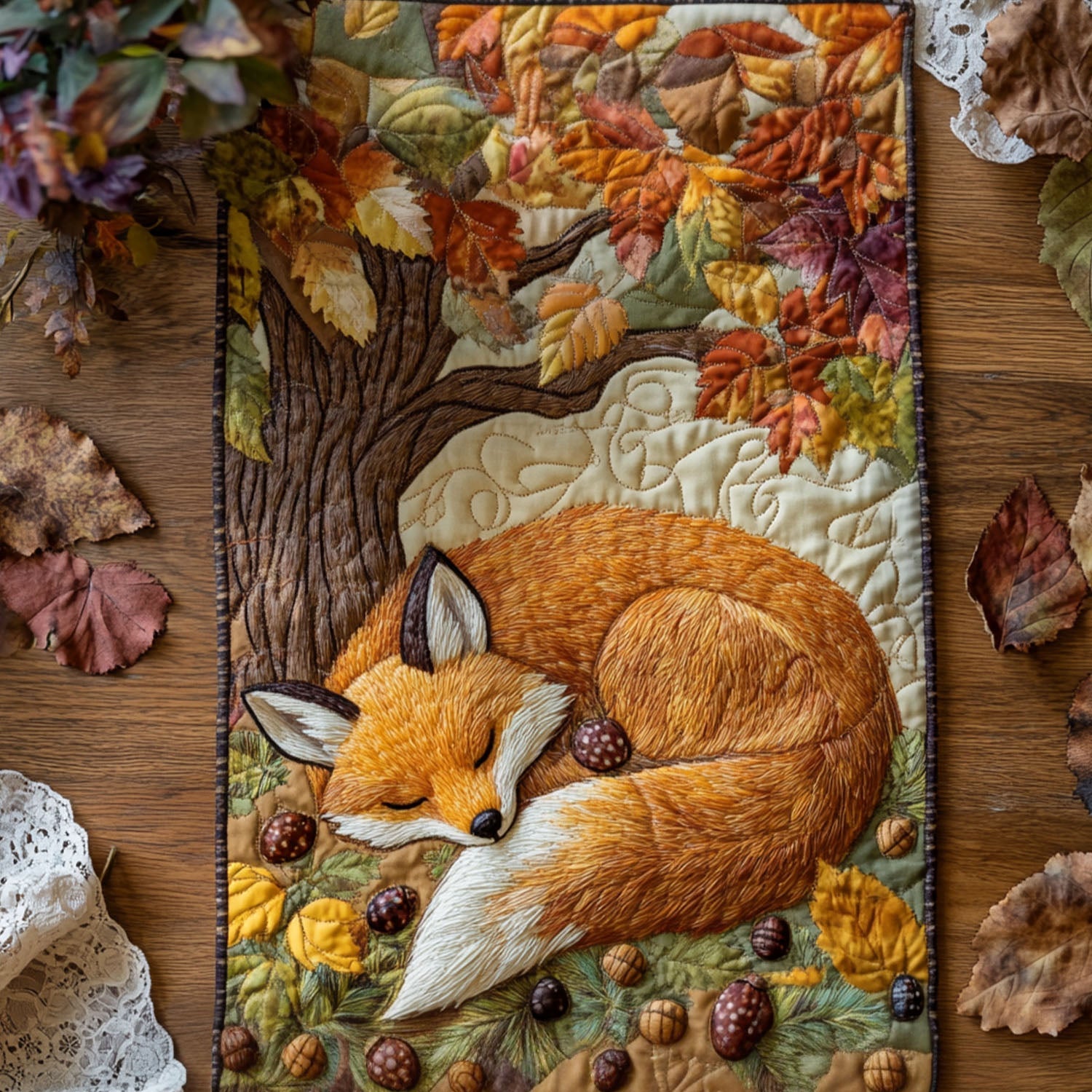 Fox in the Woodland Glow Quilted Table Runner Fall Decor Table Runner Unique Fox Gift Items