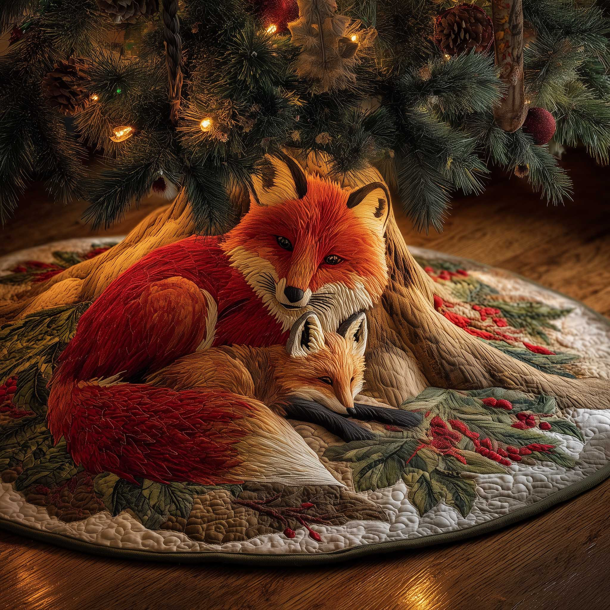 Fox Mother Christmas Quilted Tree Skirt Winter Tree Bottom Cover Xmas Fox Inspired Gifts