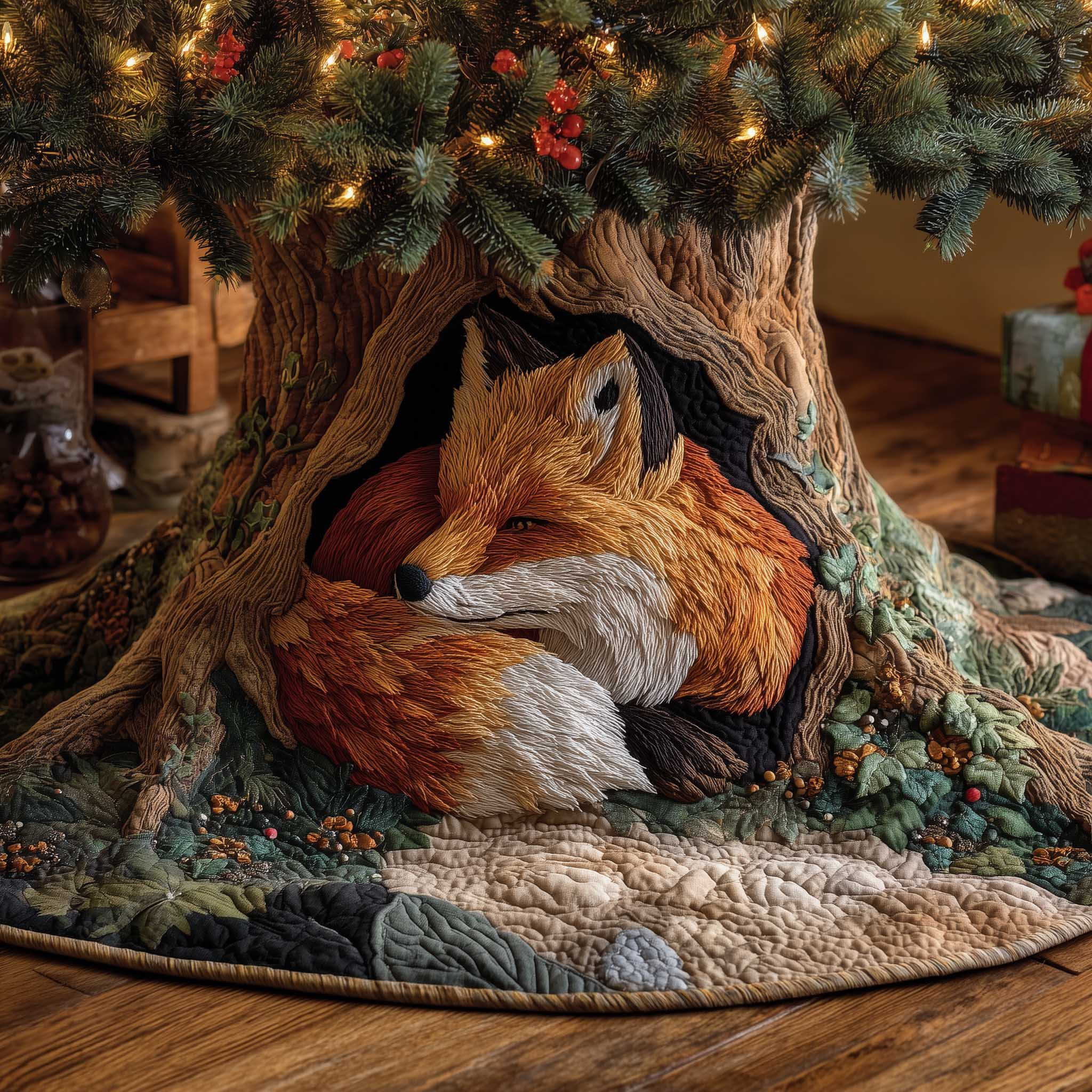 Fox Napping Christmas Quilted Tree Skirt Xmas Decor Tree Surround Fox Gifts For Sister