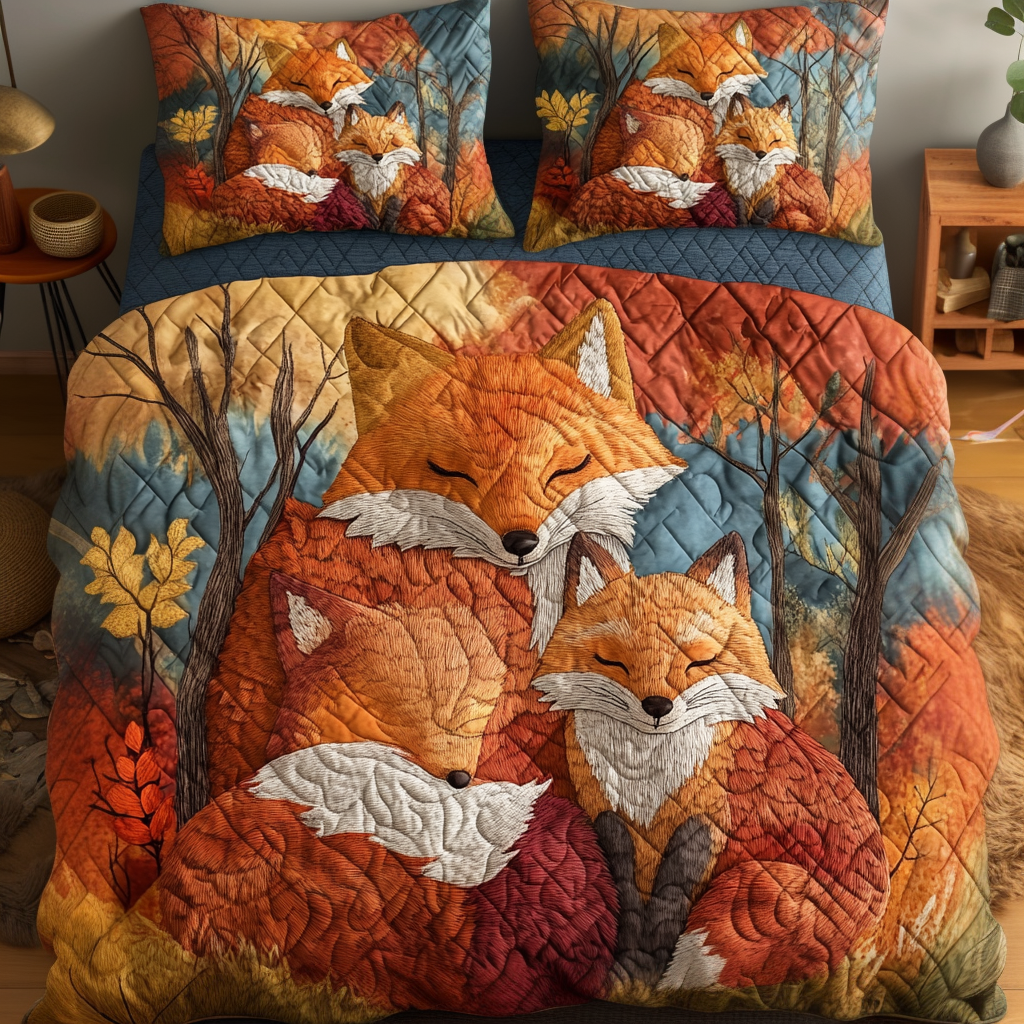 Fox Nest Quilted Bedding Set Cute Room Decor Best Fox Gift Ideas