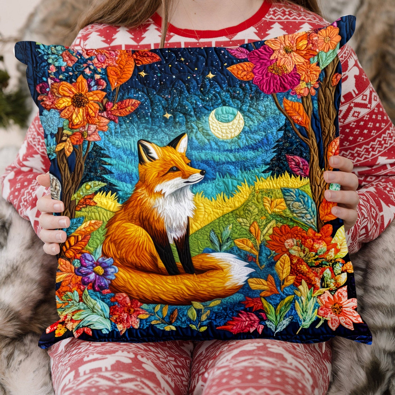 Fox Night Quilted Pillow Case Winter Pillow Cover