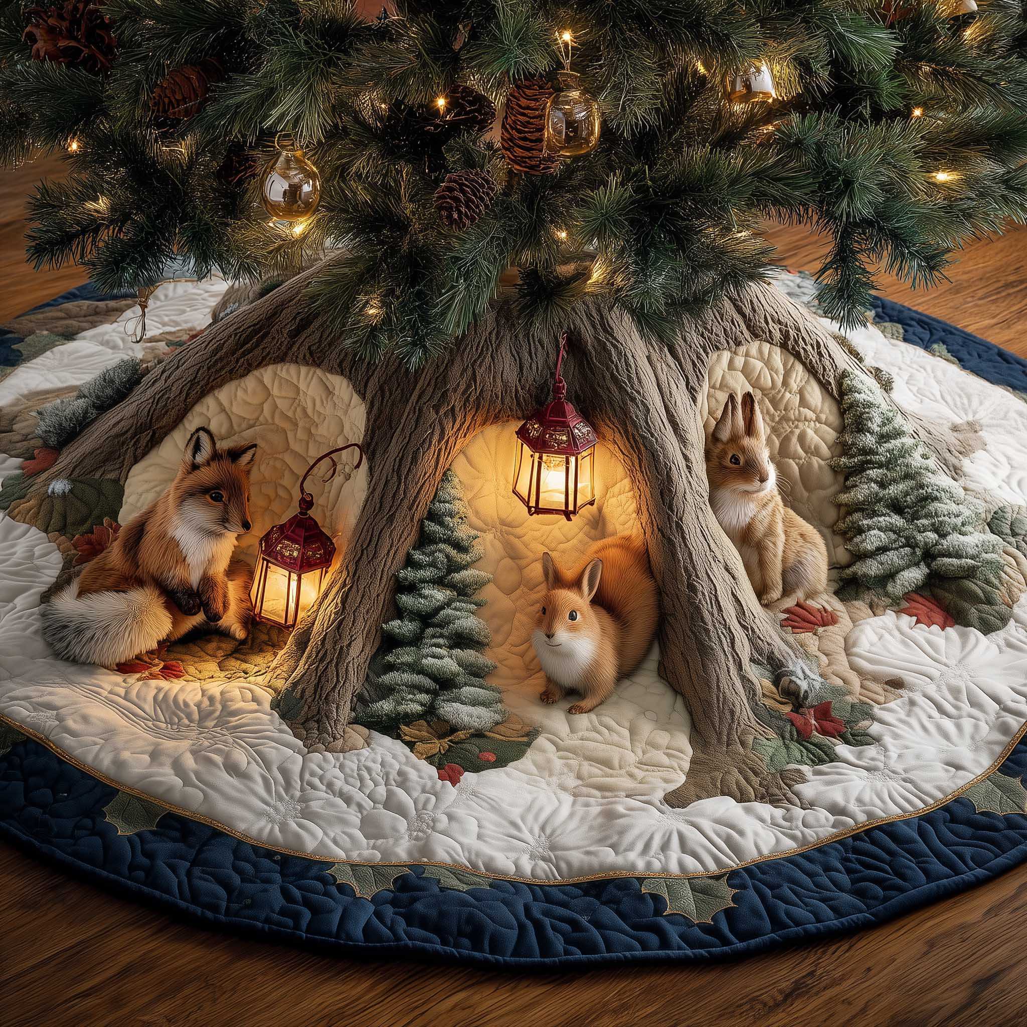 Fox Rabbit Hide And Seek Christmas Quilted Tree Skirt Xmas Tree Surround Decor Animal Gifts