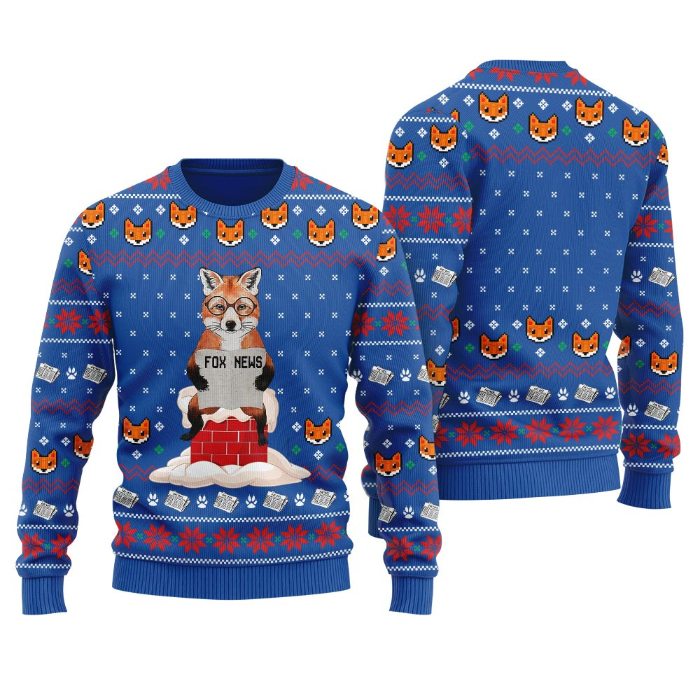 Fox Reading News Ugly Christmas Fox Sweater Funny Xmas Sweater for Ugly Sweater Parties