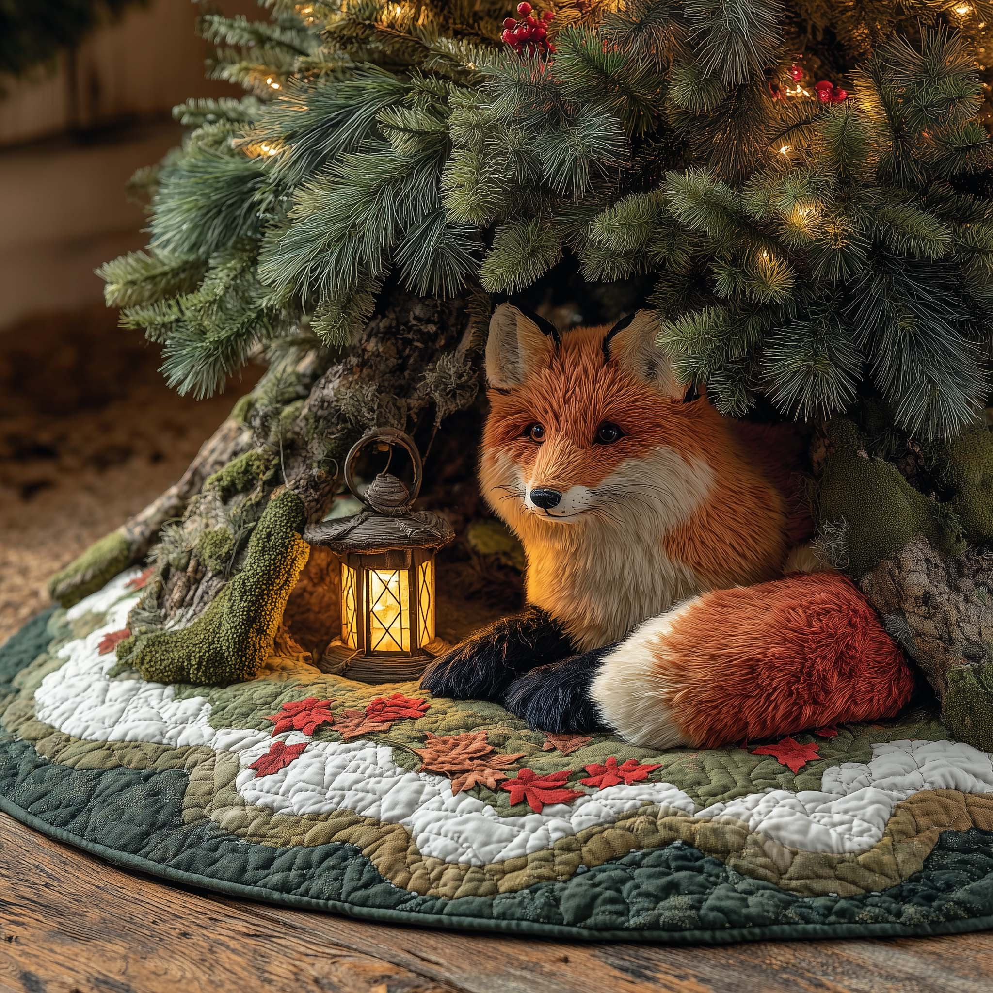 Fox Under Pine Christmas Quilted Tree Skirt Xmas Tree Surround Unique Fox Gifts For Mom