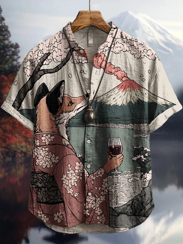 Fox Volcano Cherry Blossom Japanese Art Hawaiian Shirt Gifts For Fox Lovers