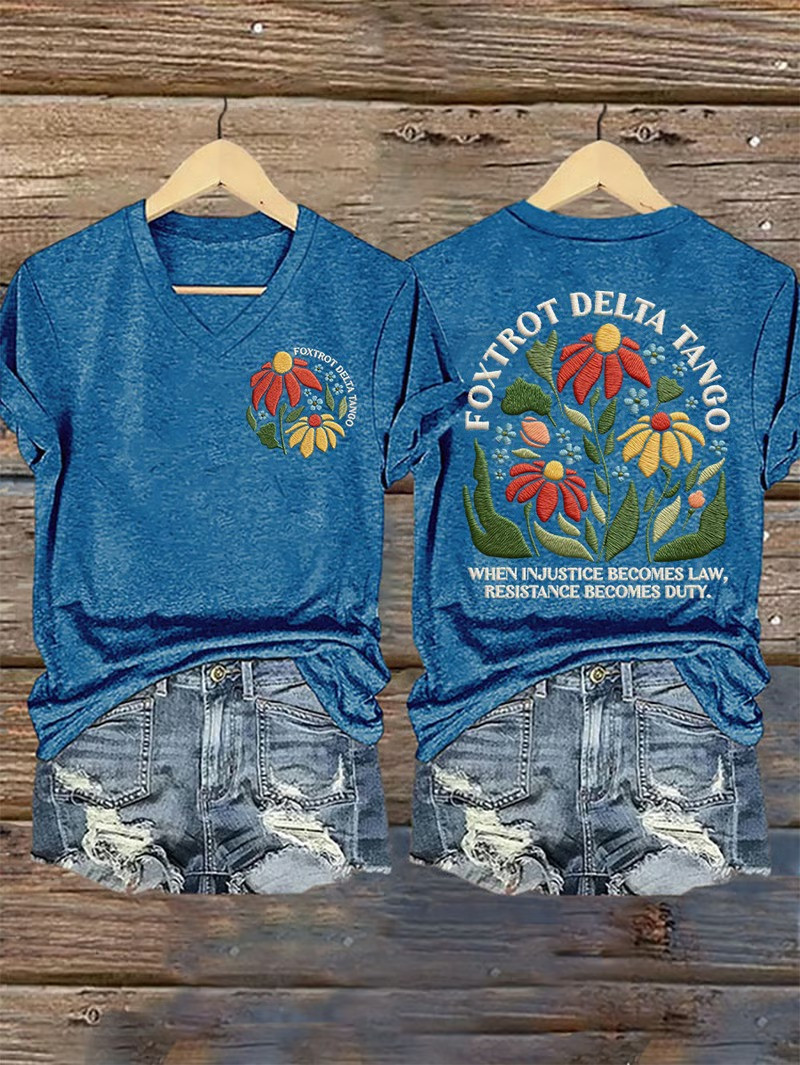 Foxtrot Delta Tango Wildflower V-Neck T-Shirt Political Resistance Protest Apparel Gift For Activists