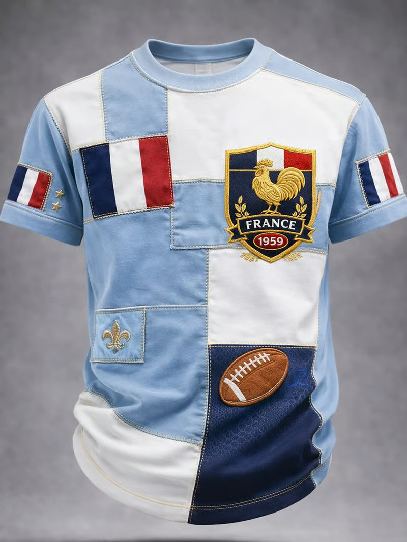 France Rugby 1959 Rooster Crest Patchwork T-Shirt French Fan Gear Best Gift For Rugby Fans