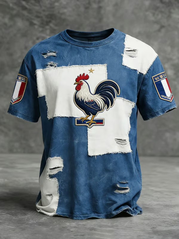 France Rugby Rooster Distressed Patchwork T-Shirt French Flag Fan Gear Best Gift For Rugby Fans