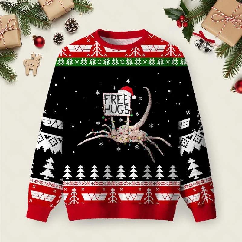 Free Hugs Christmas Ugly Sweater Funny Alien Horror Movie Meme Holiday Jumper Xmas Gifts