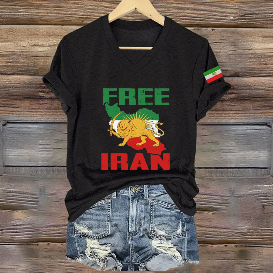 Free Iran V-Neck Shirt Iran Flag Graphic Tee Protest Clothing Gift For Girlfriend