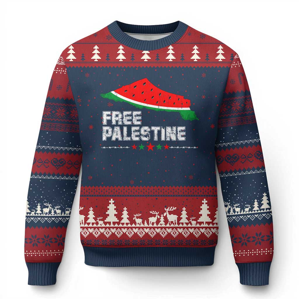Free Palestine Watermelon Map Ugly Christmas Sweater Xmas Palestine Supporter Sweater Gifts