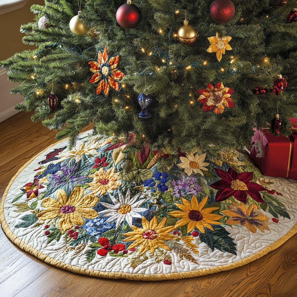 Free Spirit Christmas Quilted Tree Skirt Flower Design Christmas Gifts For Girlfriend