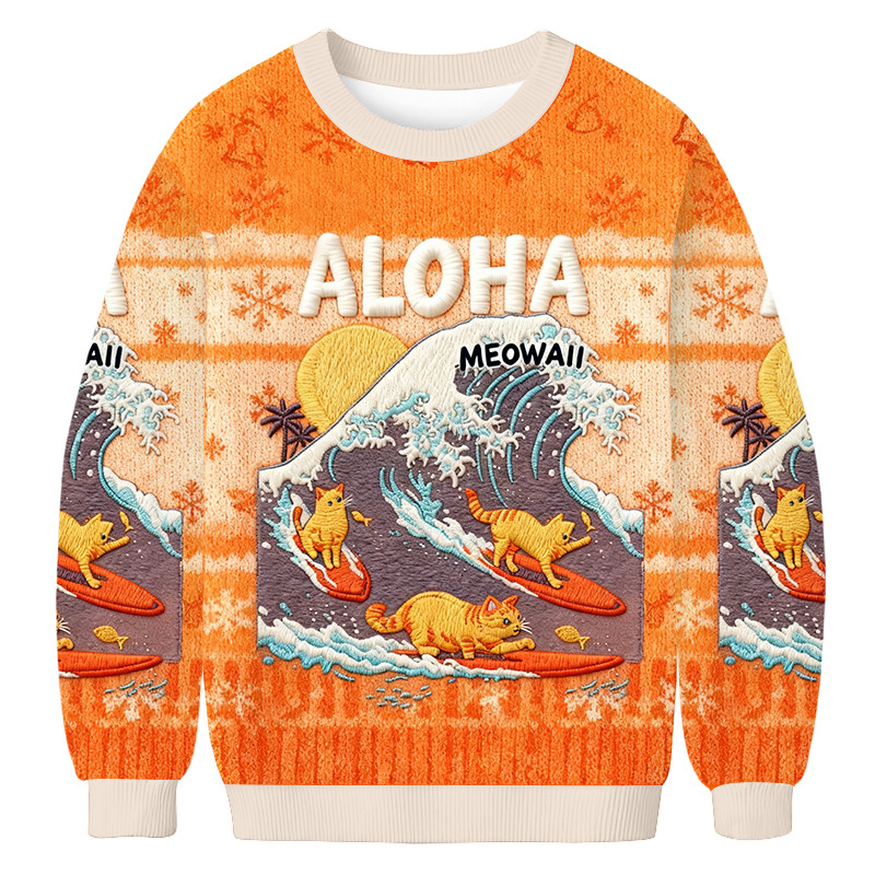 Free Surfing Cat Christmas Ugly Sweater Animal Themed Xmas Clothing Gifts For Cat Owners