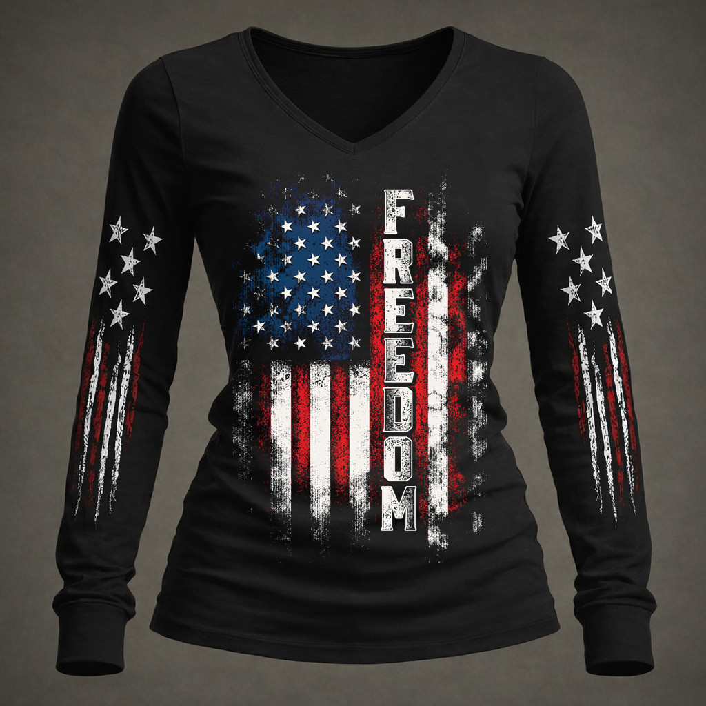 Freedom American Flag V-Neck Long Sleeve Shirt 250th Anniversary Of America Apparel Gift Ideas