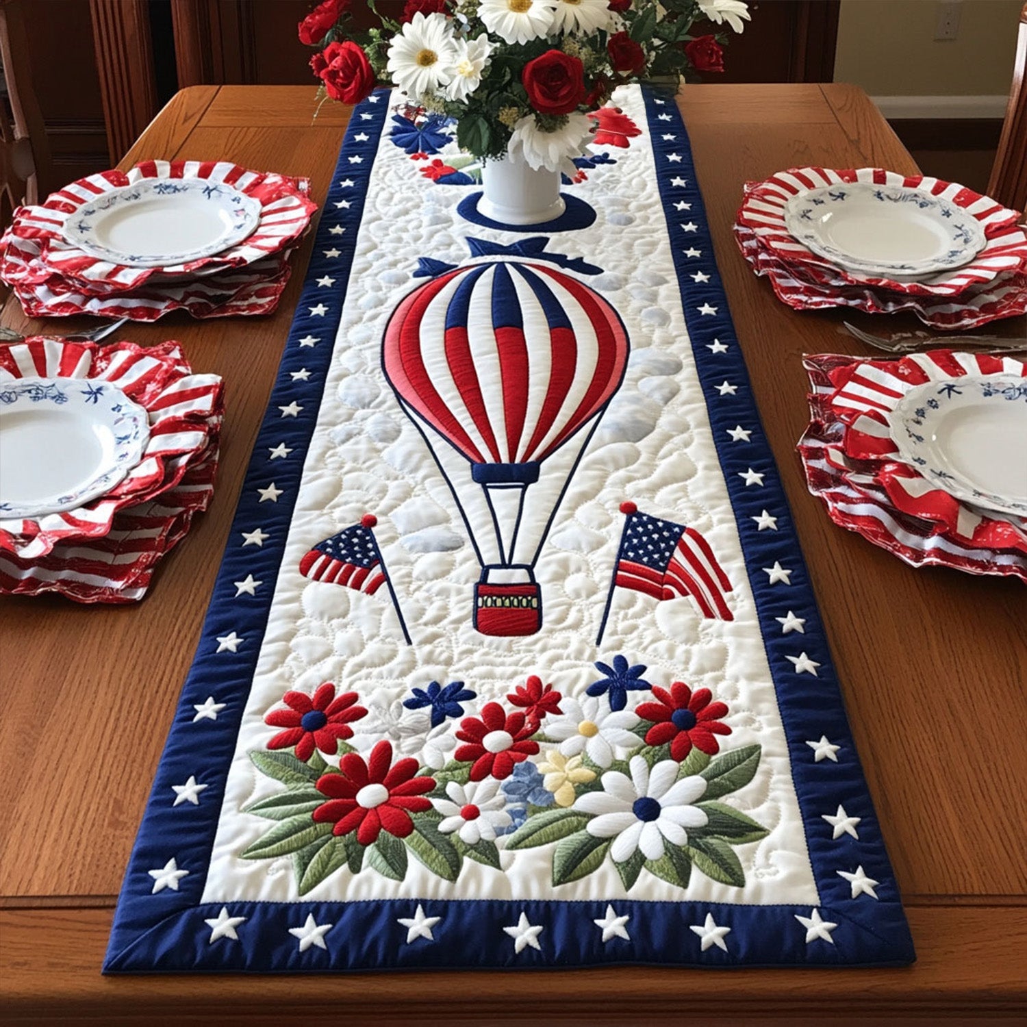 Freedom Blooms n Balloons Quilted Table Runner Dinner Table Decor Ideas Patriotic Gifts For Women