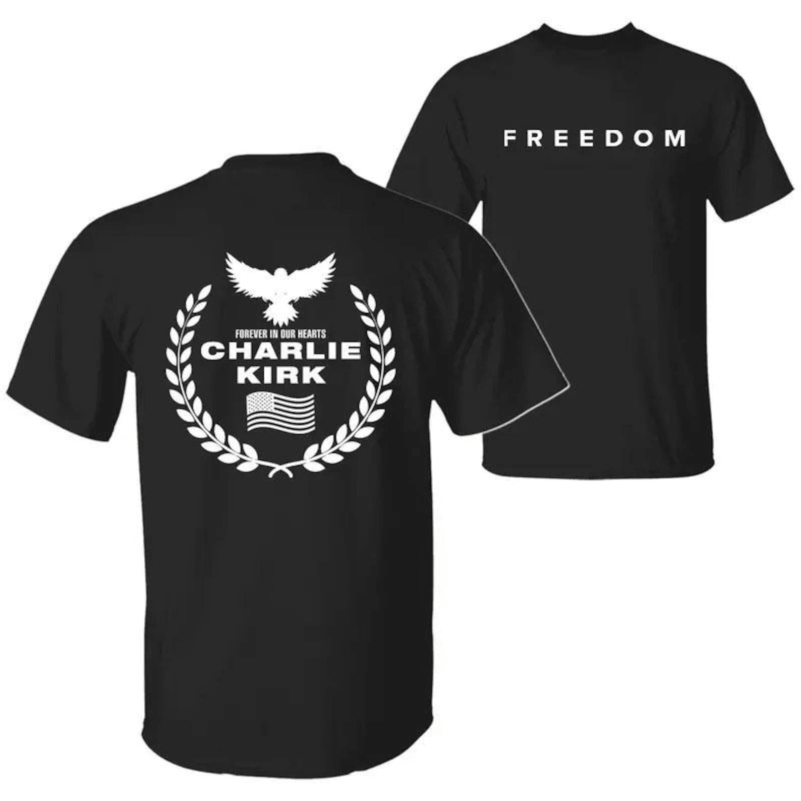 Freedom Charlie Kirk A True American Patriot Eagle Wreath Forever in Our Hearts T-Shirt Prayers Up for Charlie Human Rights Shirt - Image 2