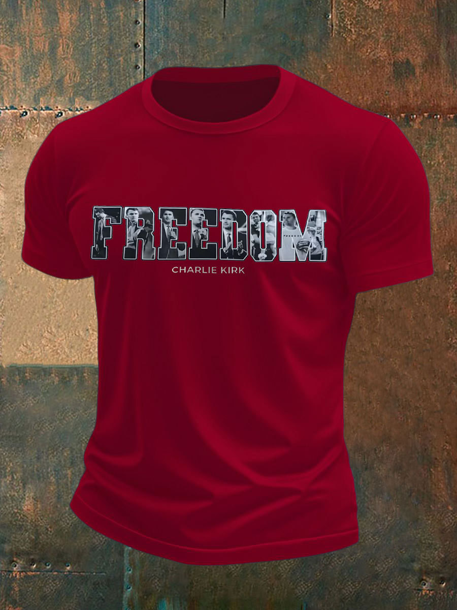 Freedom Charlie Kirk T-Shirt Freedom Don't Stop Fighting Tribute Red Charlie Kirk Clothing