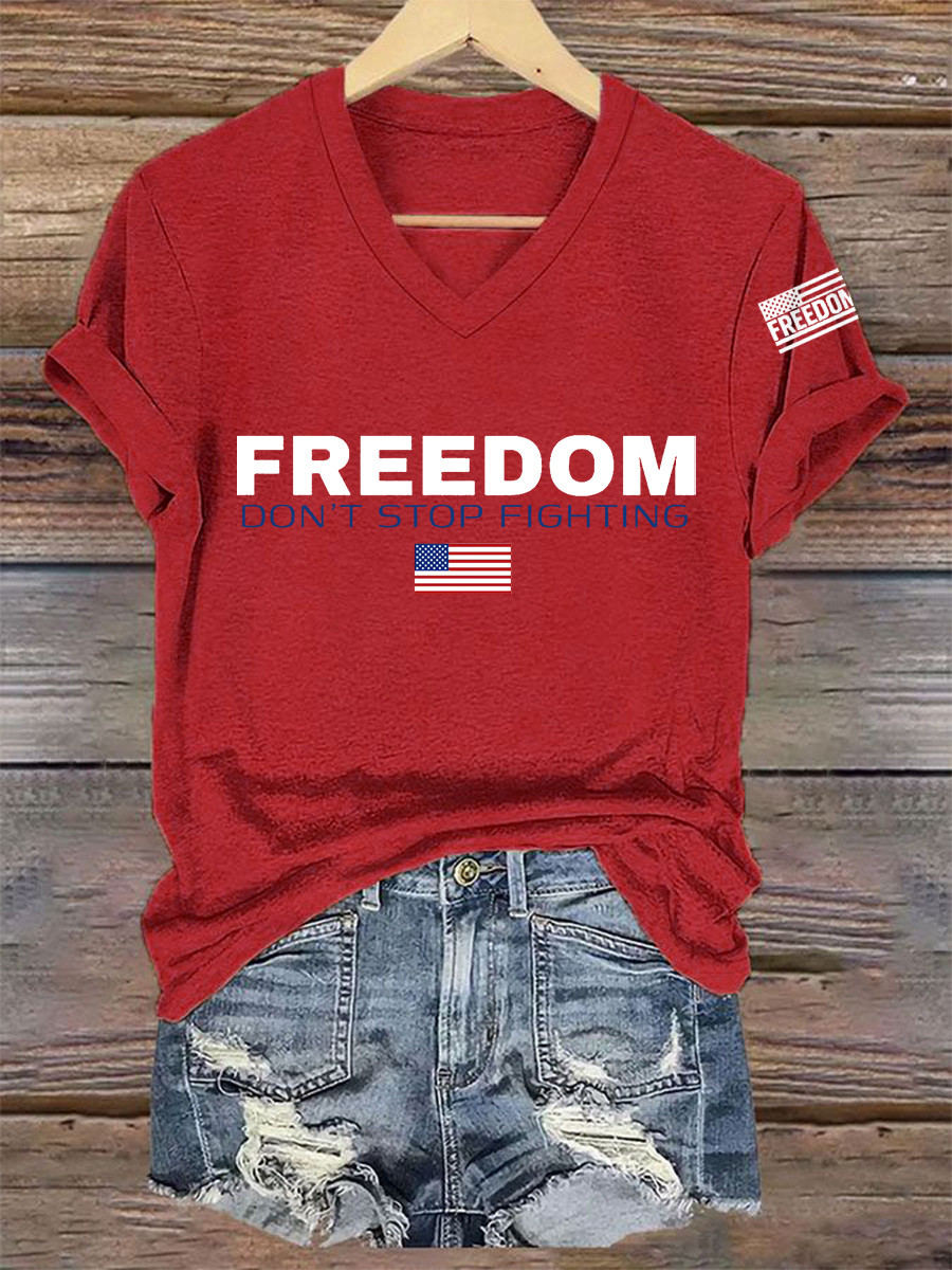 Freedom Charlie Kirk V-neck Shirt Freedom Don't Stop Fighting Red Charlie Kirk Shirt