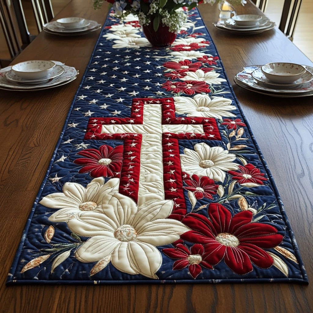 Freedom Cross Quilted Table Runner Dining Room Table Decor Ideas Patriotic Gift Ideas