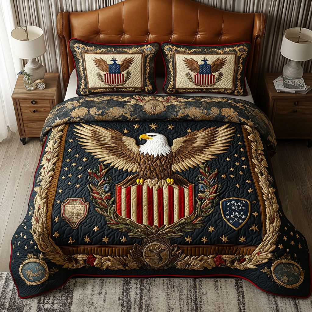 Freedom Eagle Quilted Bedding Set Cozy Bedroom Decor Patriotic Eagle Gifts For Him