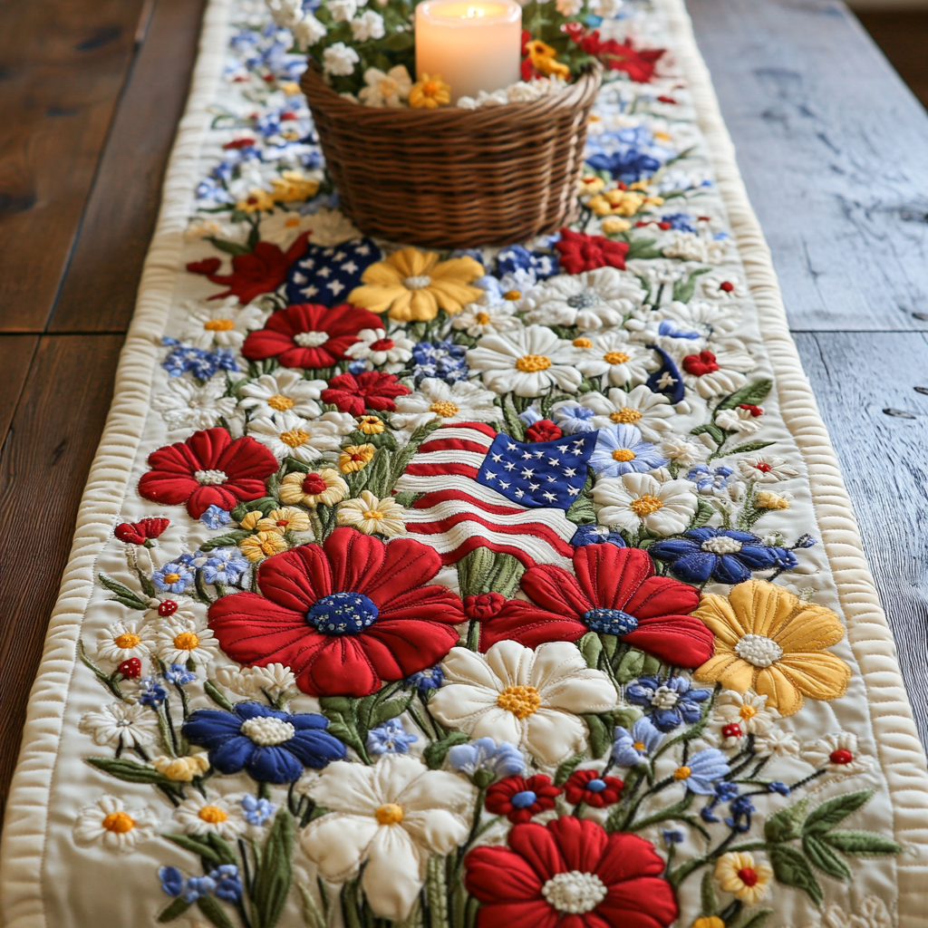 Freedom Flora Quilted Table Runner Holiday Runner Dining Unique Patriotic Gifts