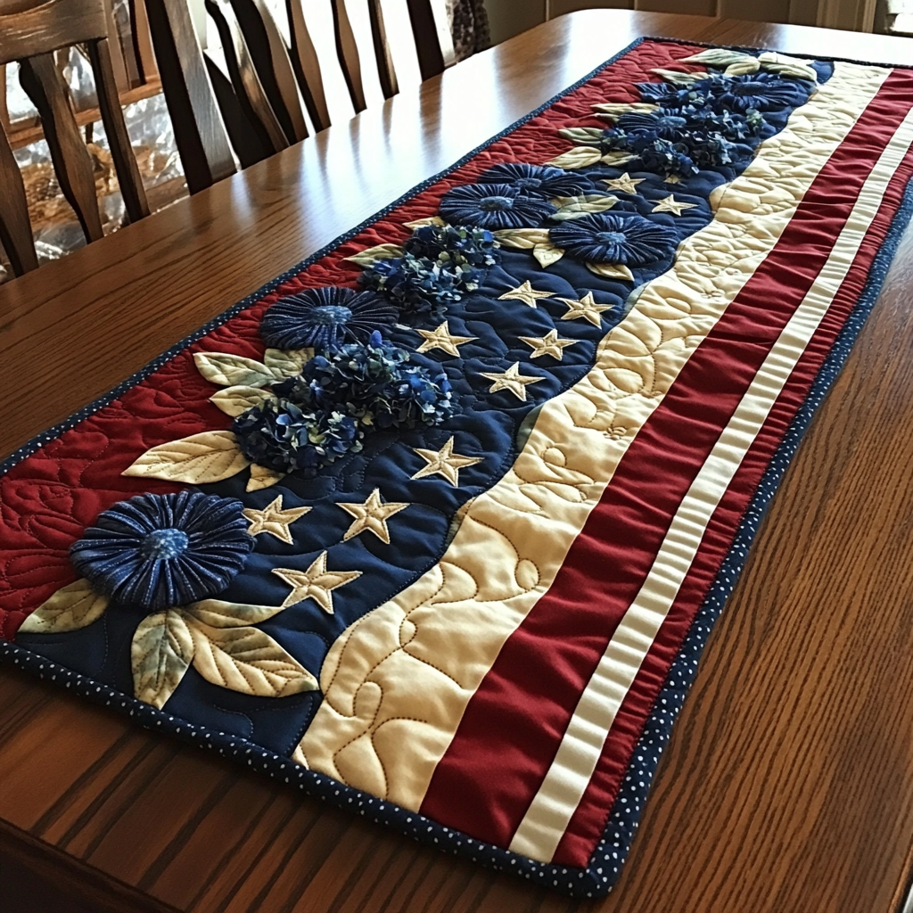 Freedom Flora Quilted Table Runner Kitchen Decor Patriotic Gifts For Women