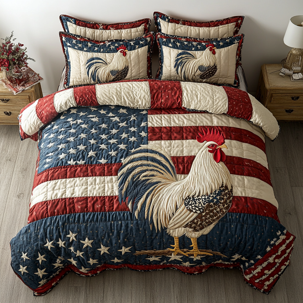 Freedom Fowl Quilted Bedding Set Aesthetic Room Decor Chicken Related Gifts