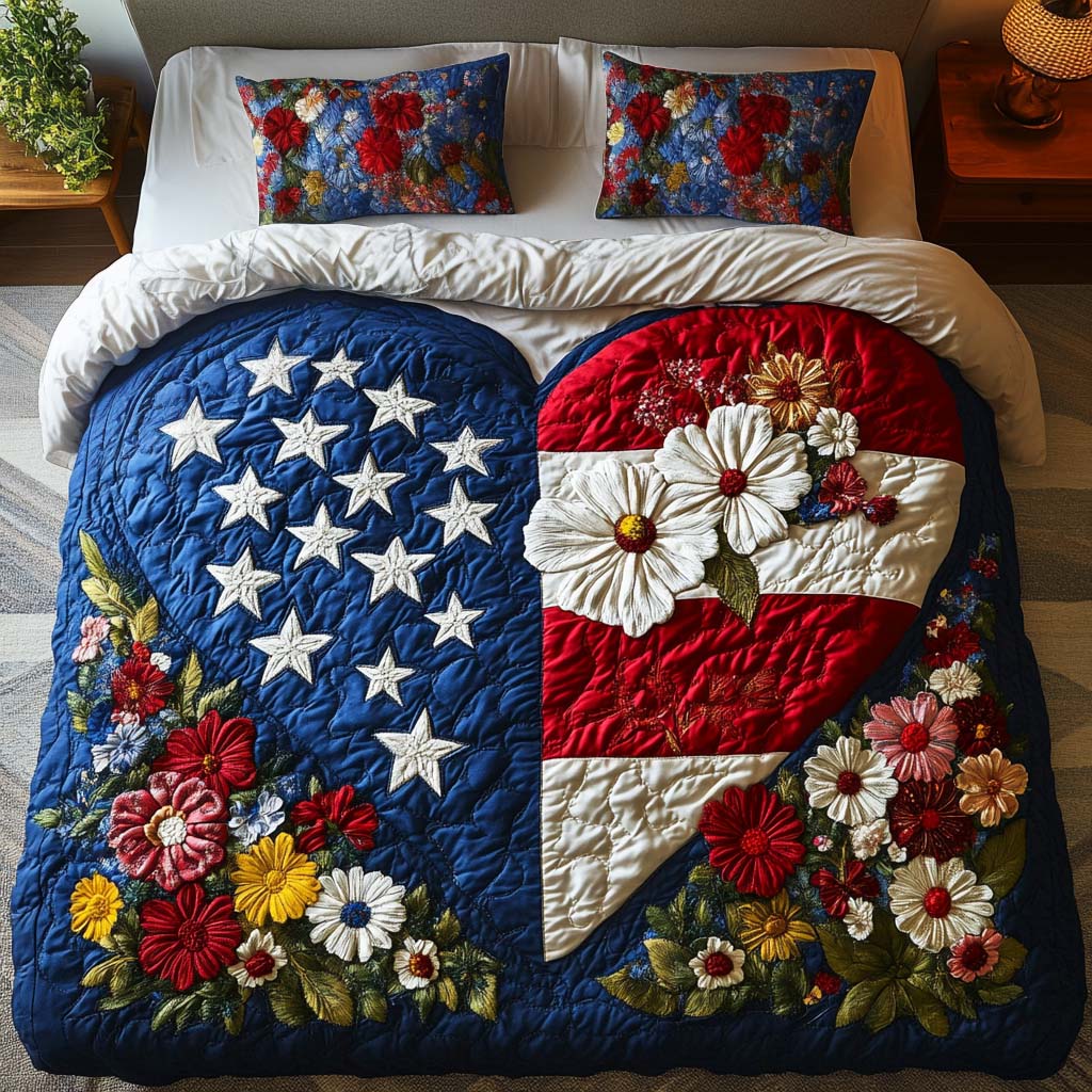 Freedom Heart Quilted Bedding Set Bed Decor Patriotic Gifts For Her