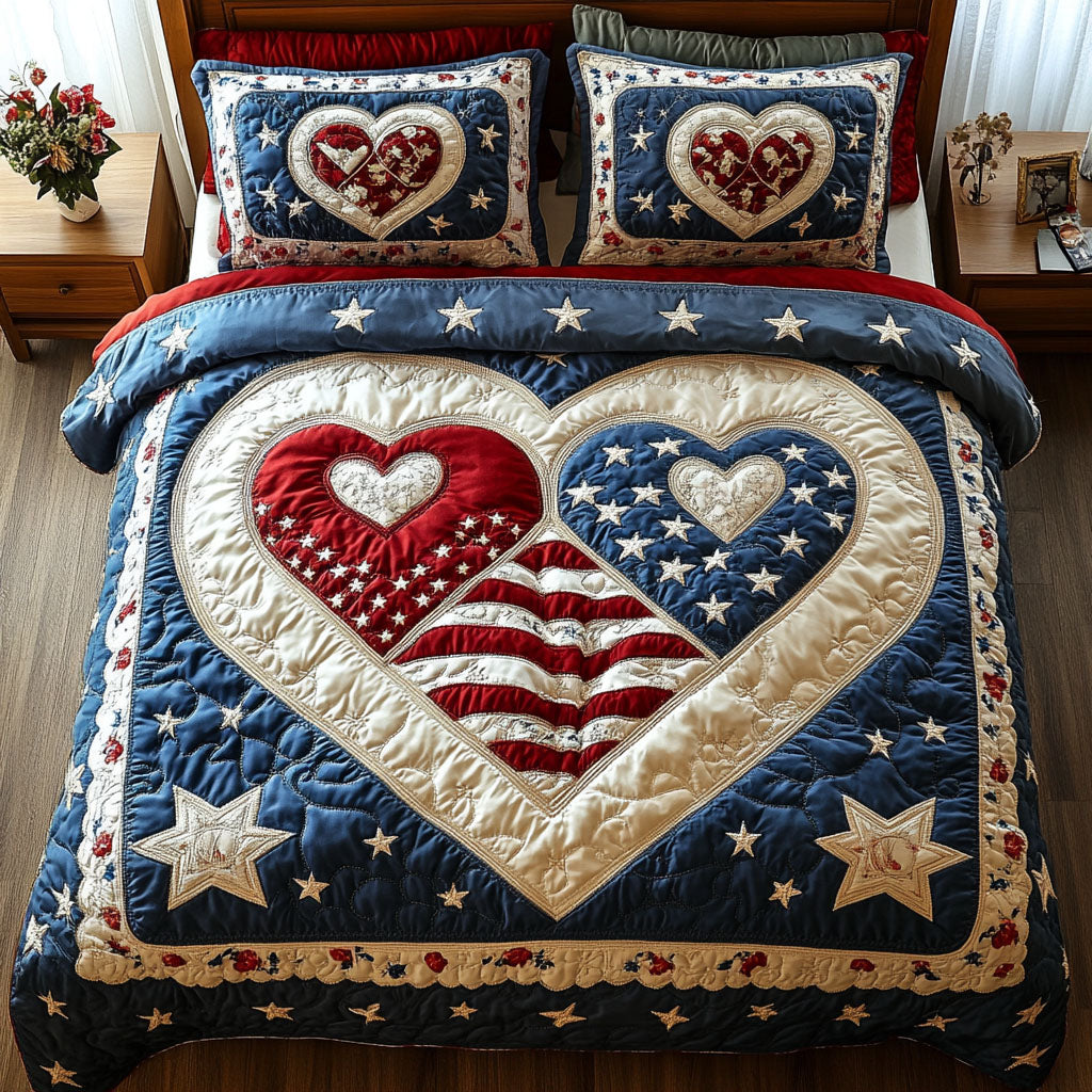 Freedom Hearts Quilted Bedding Set Aesthetic Room Decor Patriotic Gifts For Dad