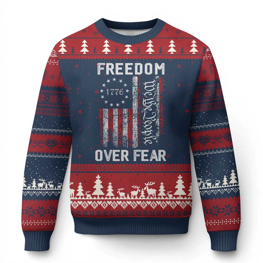 Freedom Over Fear Ugly Christmas Sweater American Flag Jumper Xmas Patriotic Item GIfts