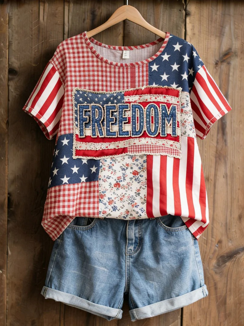 Freedom Patchwork T-Shirt Independence Day Clothes Vintage American Flag Tee Gift For Her