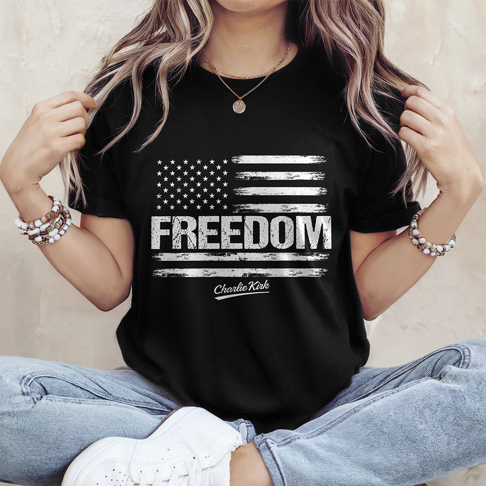 Freedom Pray For Charlie Kirk USA American Flag Patriotic Dark Shirt Gift for American Conservatives