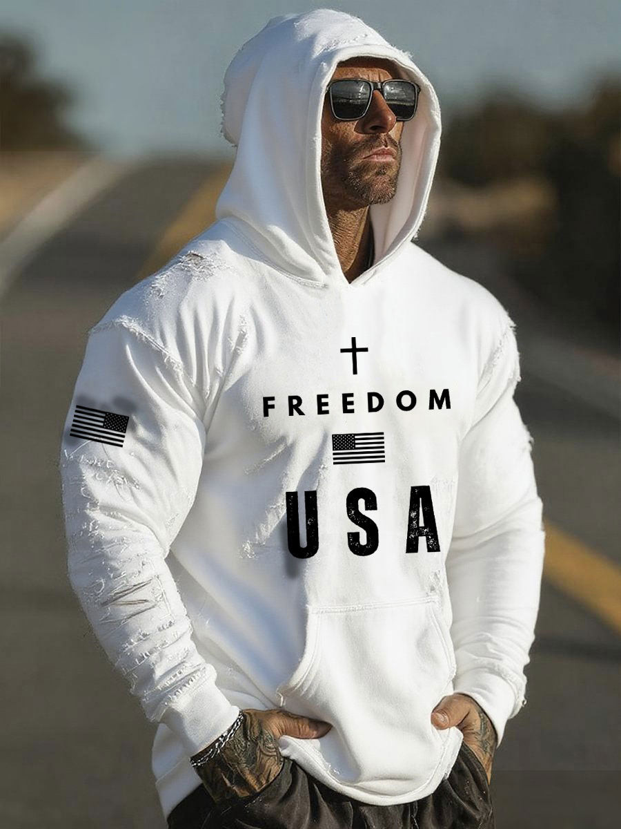 Freedom Printed Casual Hoodie White Charlie Kirk Merch Store