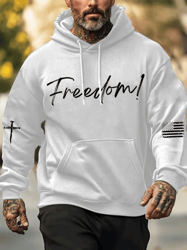 Freedom Printed Oversized Drop Shoulder Hoodie With Pockets White Charlie Kirk 77 Clothing