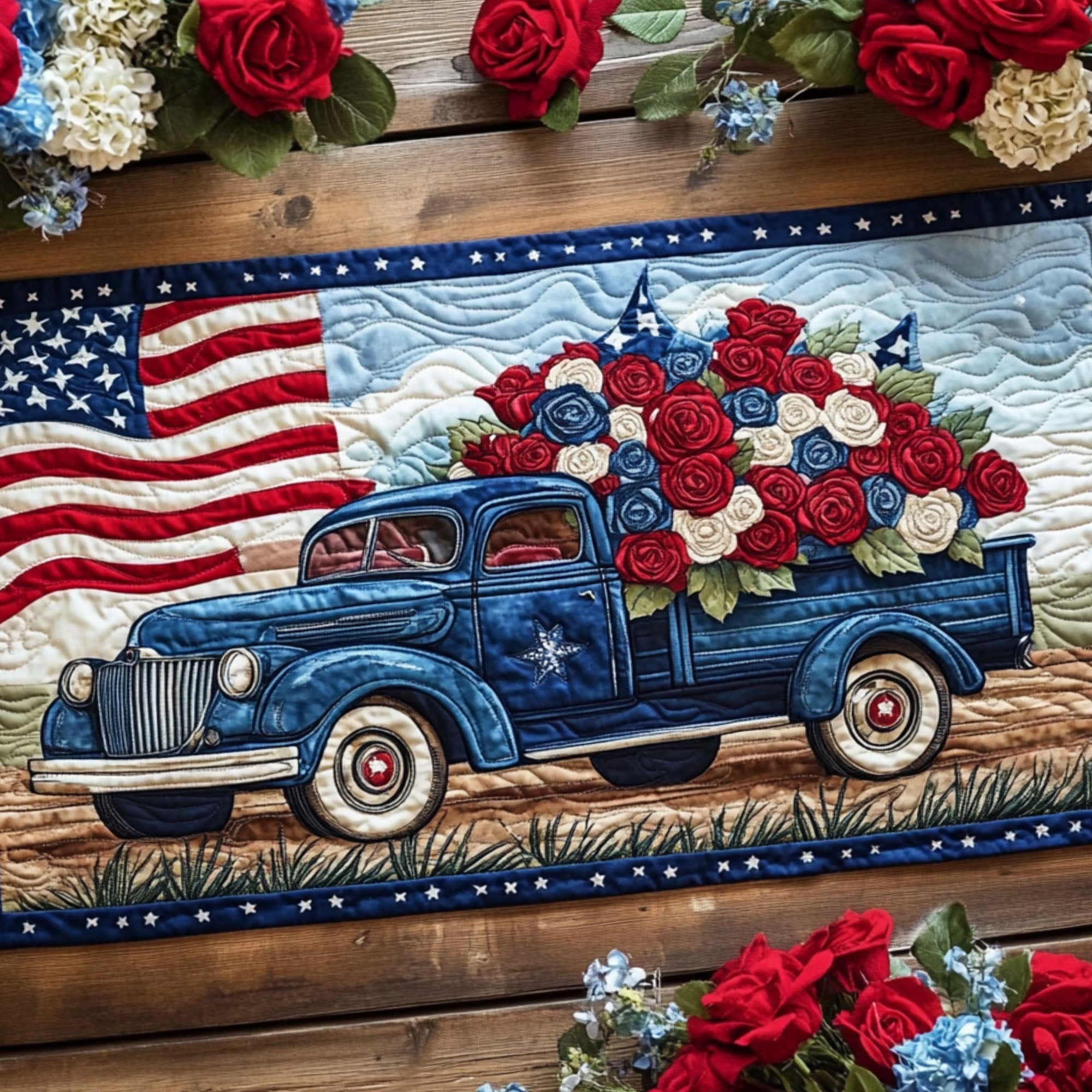 Freedom Ride Quilted Table Runner Kitchen Decor Patriotic Gifts For Men