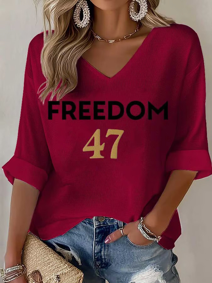 Freedom Shirt Charlie Kirk Wore 47 V-Neck Long Sleeve Shirt Patriotic Gifts For Mom