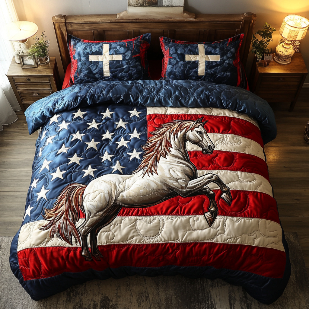 Freedom Spirit Quilted Bedding Set Cute Room Decor Best Christmas Gifts For Horse Lovers