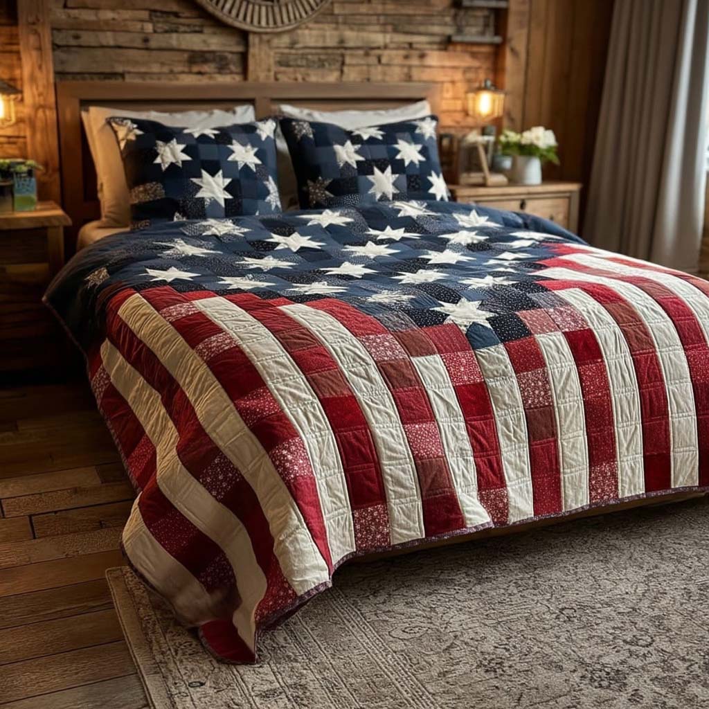 Freedom Star Pattern Quilted Bedding Set Patriotic Bedroom Decor Gift For American Pride Lovers