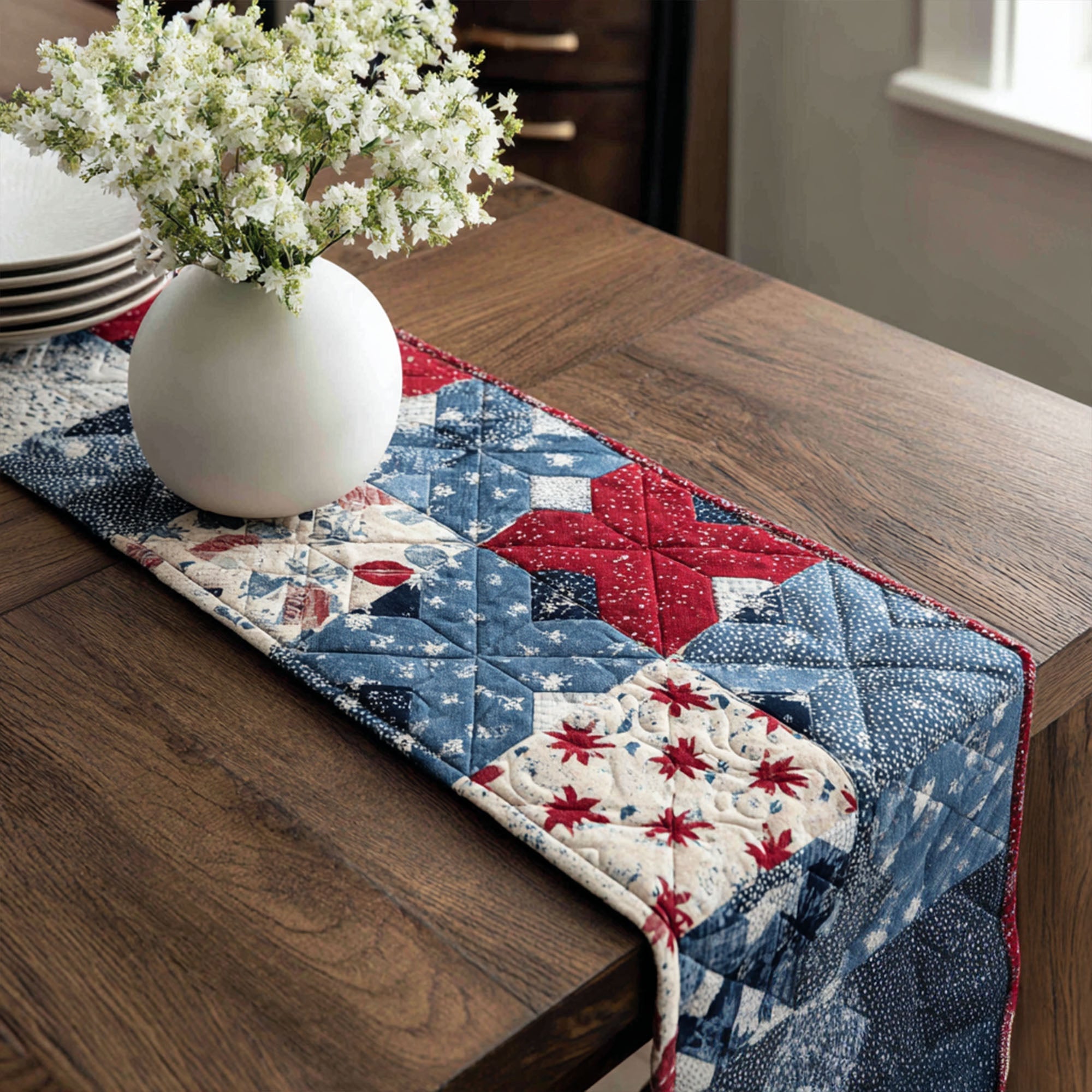 Freedom Stars Quilted Table Runner Holiday Dining Table Decor Patriotic Gifts For Women