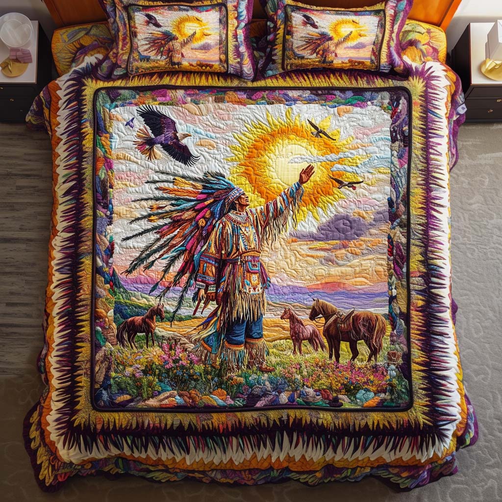 Freedom Steed Quilted Bedding Set Aesthetic Room Decor Native American Presents