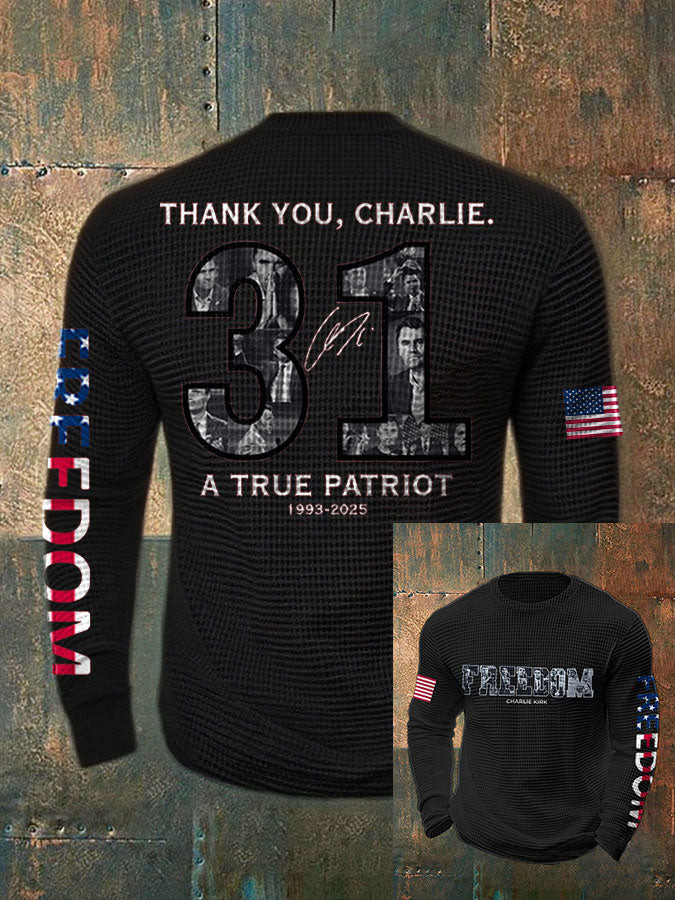 Freedom True Patriot Memorial Printed Waffle Long Sleeve T Shirt Black Charlie Kirk Gear
