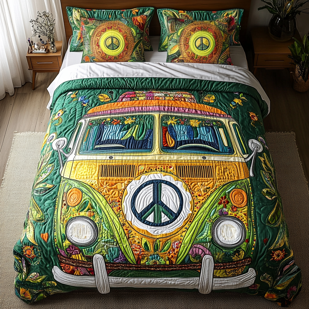 Freedom Van Quilted Bedding Set Cozy Bedroom Decor Gifts For Your Hippie Friend