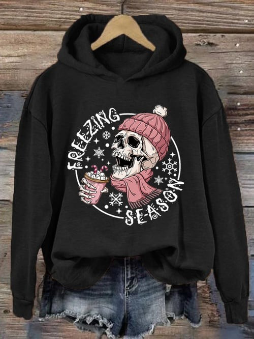 Freezing Season Skull Hoodie Cozy Winter Skeleton Dark Humor Clothes Christmas Gifts For Her