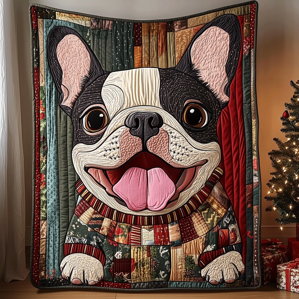 French Bulldog Christmas Quilted Blanket Happy Frenchie Dog Throw Blanket Best Gift For Dog Owners