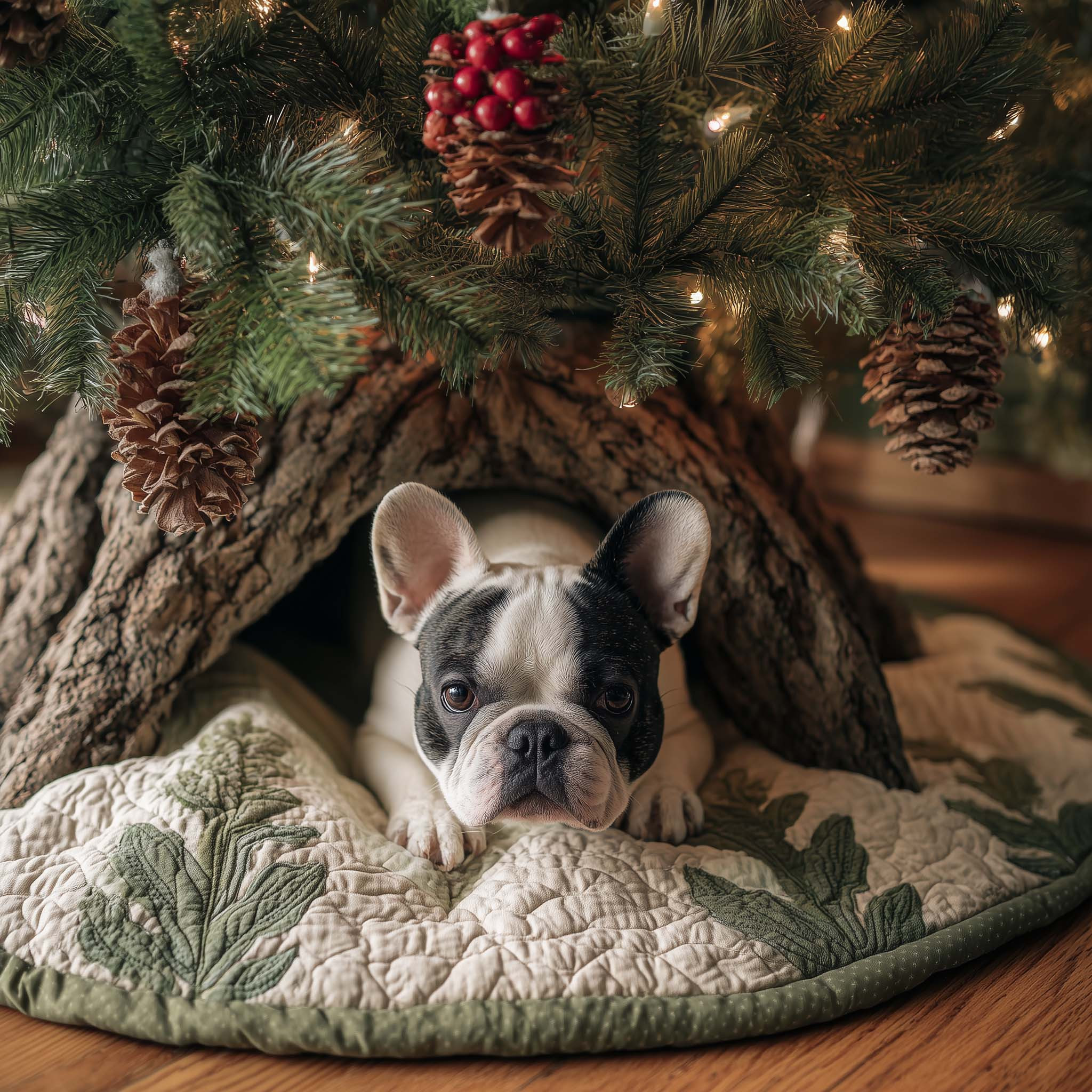 French Bulldog Christmas Quilted Tree Skirt Xmas Tree Surround Cozy Bulldog Present Ideas