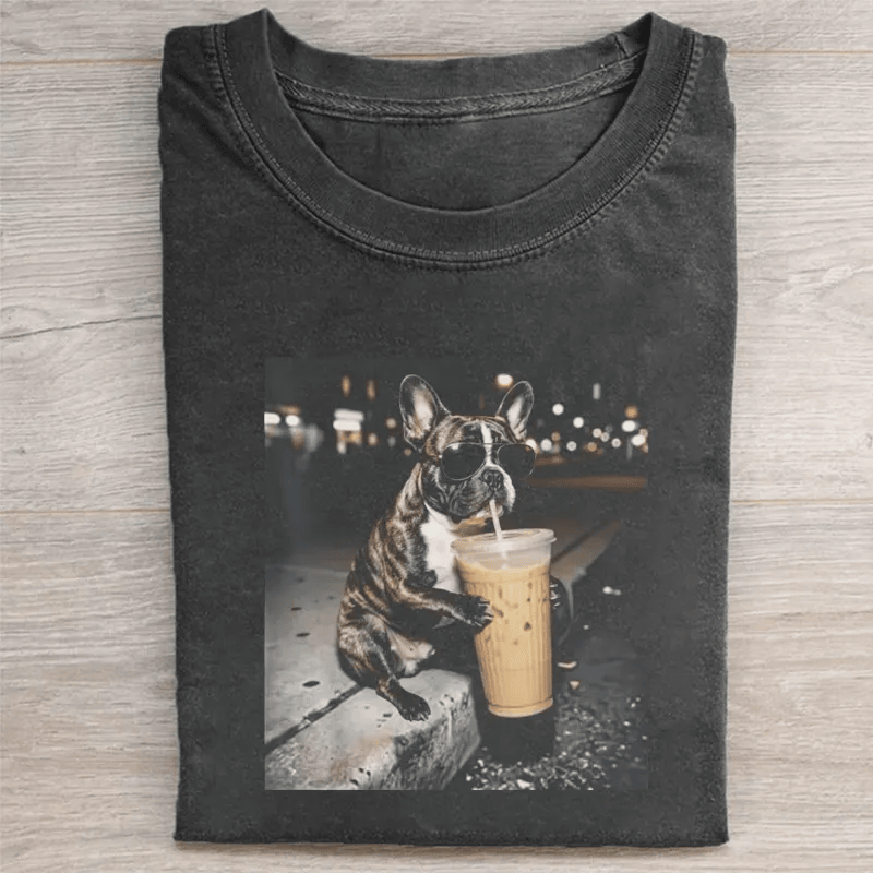 French Bulldog Iced Coffee Night T-Shirt Funny Frenchie Dog Lover Tee Cool Dog With Boba Gift For Dog Moms