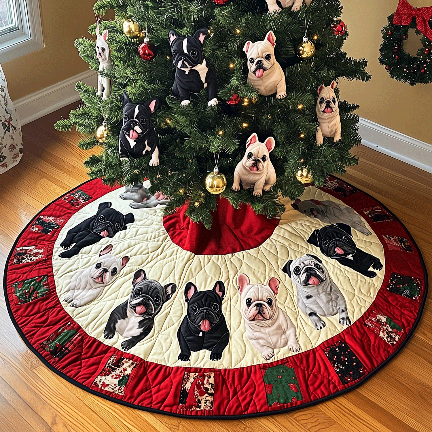 French Bulldog Joy Quilted Christmas Tree Skirt Charming Tree Skirt for Family Gatherings