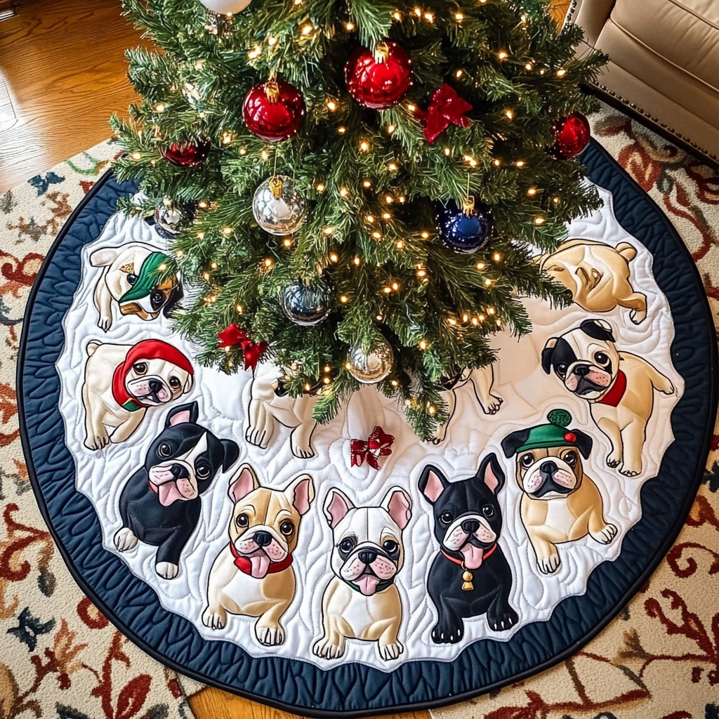 French Bulldog Noel Night Christmas Quilted Tree Skirt Magical Christmas Tree Skirt to Impress Guests